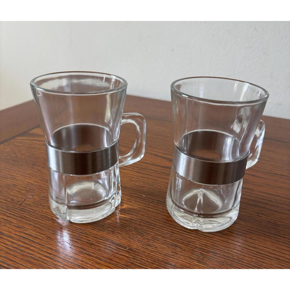 Vintage Glass & Stainless Steel Coffee Mugs Cappuccino Irish MCM Coffee Cups 4½"